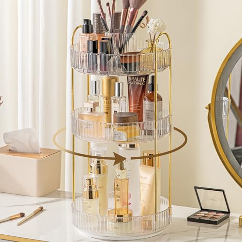 Aveniee 360° Rotating Makeup Organizer, Perfume Skincare Bathroom Countertop Vanity Organizers, Clear 3 Tier Spinning Skincare Storage Organizer for Lipstick Cosmetic Makeup Brushes Lotion(White)