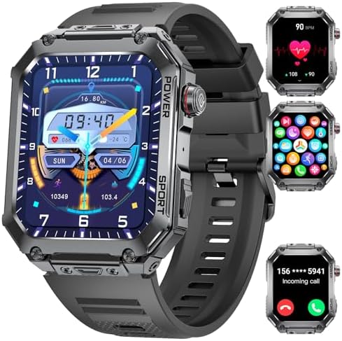 SUNKTA Military Smart Watch for Men with Answer/Make Calls,1.96'' HD Touchscreen,100+ Sports Modes Fitness Watch with Sleep Monitor/Blood Pressure/Heart Rate IP68 Waterproof Rugged Smartwatch Black