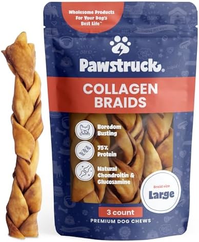 Pawstruck Natural Large 10-13” Beef Collagen Braids for Dogs – Long-Lasting Rawhide & Bully Stick Alternative, with Chondroitin & Glucosamine – 3 Pack
