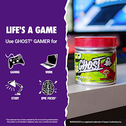 GHOST Gamer: Energy and Focus Support Formula - 40 Servings, Warheads Sour Watermelon - Nootropics & Natural Caffeine for Attention, Accuracy & Reaction Time - Vegan, Gluten-Free