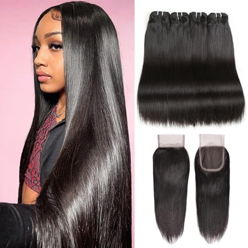 Liang Dian 16 Inch Human Hair Bundles Natural Color 4 Bundles With 14" Closure 12A Brazilian Virgin Hair 100% Unprocessed Straight Human Hair Bundles(16" 16" 16" 16" with 14" Closure)