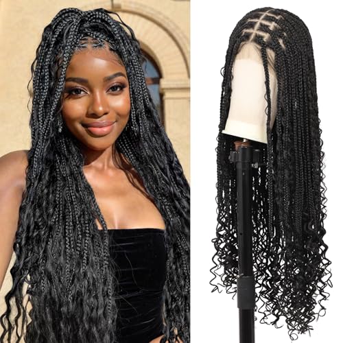 13x8 HD Lace Front Braided Wigs Knotless Boho Braided Wigs for Women Box Braid Wig With Baby Hair Human Hair Blended Long Braids Lace Front Wig 36 Inch Black