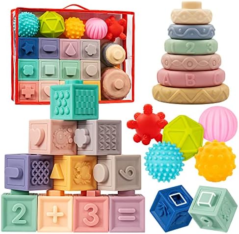 Jyusmile Baby Toys 6-12 Months, Montessori Toys for Babies 6-12 Months, Incl Stacking Building Blocks & Soft Infant Teething Toys & Sensory Balls for Toddlers 0-3-6-9-12 Months