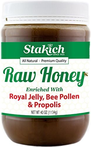 Stakich Royal Jelly, Bee Pollen, Propolis Raw Honey - Pure, Unprocessed, Unheated - 40 Ounce