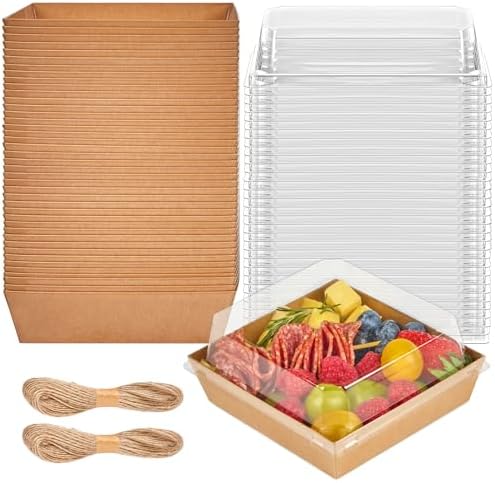 50 Pack 5 Inch Paper Charcuterie Boxes with Clear Lids, Square To Go Cake Slice Containers Small Kraft Bakery Boxes for Dessert, Cookies, Sandwich, Strawberries (Brown)