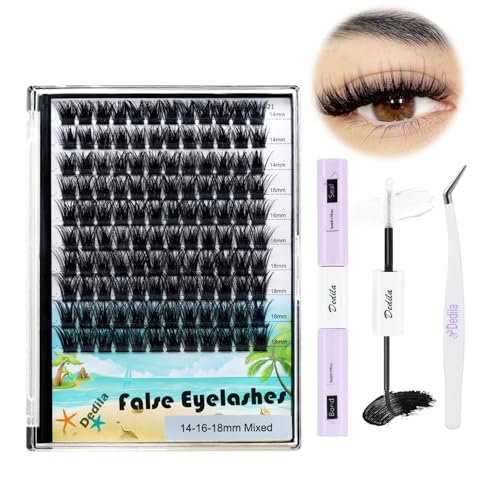 Large Pack 8-20mm to Choose D Curl Cluster Eyelash Extensions D Curl Wide Stem Individual False Eyelashes Dramatic Volume Eye Lashes Set Home DIY Lashes (Mixed 14-16-18mm Kit)