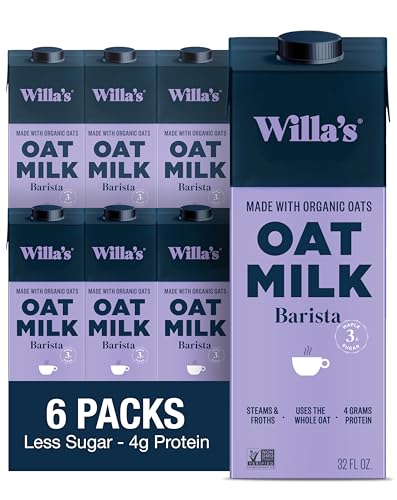 Willa's Organic Barista Oat Milk - Barista Blend Unsweetened Oatmilk and Creamer, Non-GMO, Shelf Stable, Low Sugar, Non-Dairy Milk, Made from Whole Grain Oats, For Foams and Froth, 32oz, Pack of 6