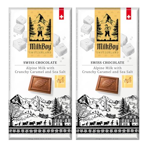 Milkboy Swiss Milk Chocolates - Alpine Milk Chocolate Bars with Crunchy Caramel Sea Salt - Gluten-Free Non-GMO All Natural - Made in Switzerland - 3 oz, Pack 2