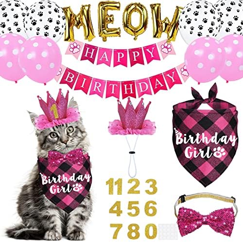 Cat Birthday Party Pack - Outfits, Bandana, Hat, Crown, Bow Tie, Number Banner, Meow & Cat Balloons for Kitten's Special Day