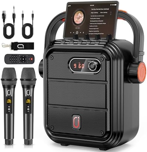 JYX Karaoke Machine with 2 Wireless Microphones, 5200mAh Portable Speaker Set Bluetooth 5.0 Rechargeable PA System with TWS,FM, REC,Stage Subwoofer Supports BT/USB/TF Card/Aux for Party