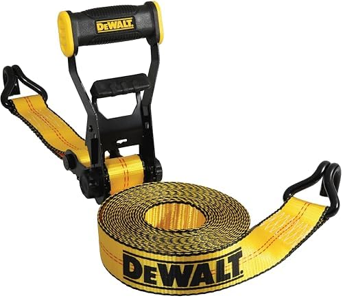 DEWALT DXBC10000J Black/Yellow 2" x 27' Ratchet Tie Down Strap with Double J-Hook - Heavy-Duty Cargo Hauling (10,000 lb Break Strength)