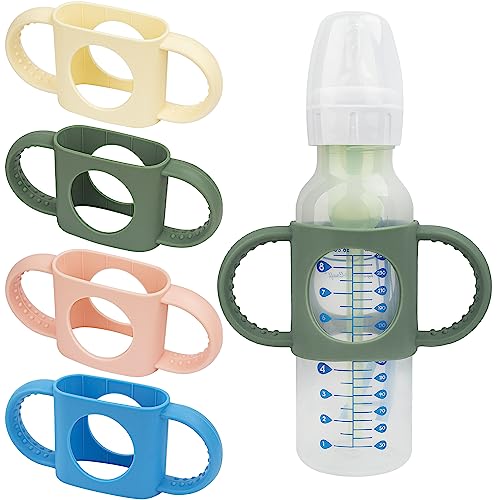 4 Pack Bottle Handles Compatible with Dr Brown Narrow Baby Bottles and Wide-Neck Bottles Non-Slip Easy Grip Handles - BPA-Free Food Grade Silicone Dishwasher Safe - Milk White, Green, Pink, Blue