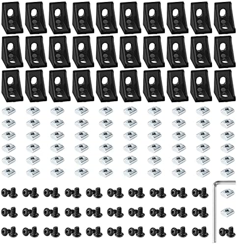30 Set Black 2020 Series Aluminum Extrusion Profile Connector, Includes 1pc Wrench, 30pcs 2028 Corner Bracket, 60pcs T-Slot Sliding Nuts and M5 Hex Screw Bolt for 20S Aluminum Rail Accessories