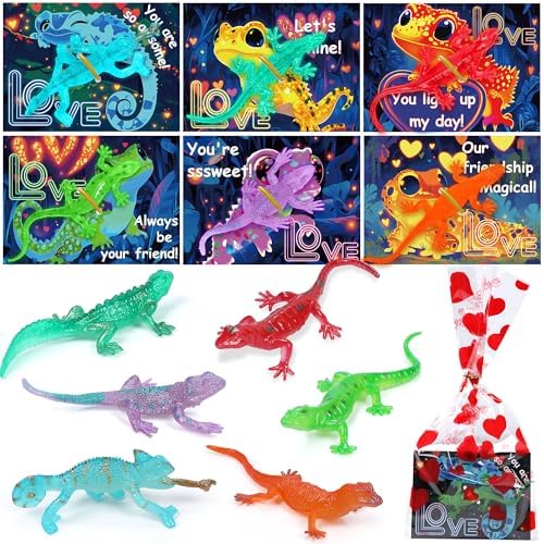 Valentines Day Cards for Kids Classroom School, 24 Pack Valentines Day Gifts for Kids with Glow in The Dark Lizards Fidget Toys, Valentines Day Party Favors for Kids Prizes Exchange