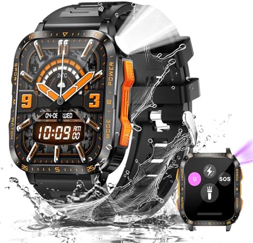 Military Smart Watch for Men with LED Flashlight/UV Light 3ATM Waterproof 1.96" Big Screen Rugged Tactical Smartwatch with Text and Call Fitness Tracker with HR/SPO2/Blood Pressure for iPhone Android