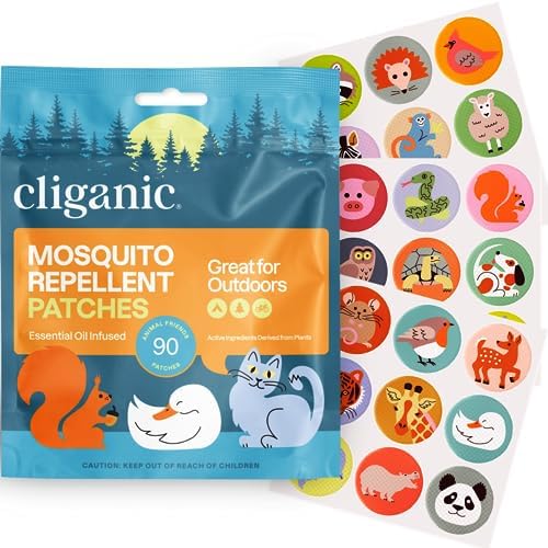 Cliganic Mosquito Repellent Stickers (90 Pack) - Animal Patches for Kids, Natural DEET-Free, Essential Oil Infused