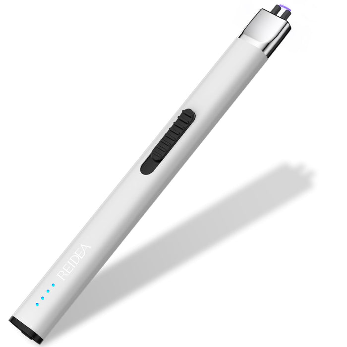 REIDEA Lighter R1 Flat Electronic Candle Lighter, Windproof Flameless USB Rechargeable Arc Lighter with Safe Button and Power Indicator for Candle, BBQ and Fireworks, White