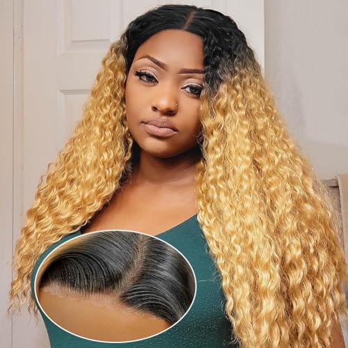 Honey Blonde Curly Lace Front Wig Human Hair 1B/27 Lace Front Wigs Human Hair 13X4 Blonde Deep Wave Lace Front Wig 180% Density Wear and Go Glueless Wig Human Hair Pre Pluck Pre Cut for Women 32 Inch