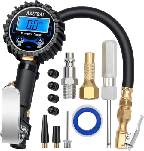AstroAI Digital Tire Pressure Gauge with Inflator(3-250 PSI 0.1 for Display Resolution), Heavy Duty Air Chuck and Compressor Accessories with Rubber Hose and Quick Connect Coupler, Blue