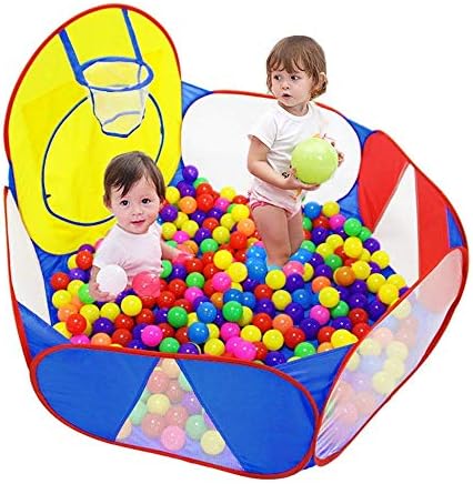 Eocolz Kids Ball Pit Large Pop Up Childrens Ball Pits Tent for Toddlers Playhouse Baby Crawl Playpen with Basketball Hoop and Zipper Storage Bag, 4 Ft/120CM, Balls Not Included (Blue Yellow Red)