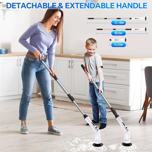 Electric Spin Scrubber, Shower Scrubber with Long Handle, IPX7 Waterproof Bathroom Cleaner Brush, Cordless Electric Cleaning Brush with 7 Replaceable Brush Heads, 2 Speeds Scrubber for Floor Tile Tub