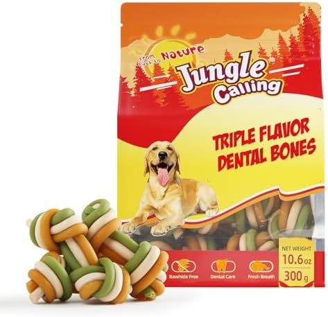Jungle Calling Rawhide Free Dog Dental Treats, Triple Flavor Dental Chews for Dogs, Easy to Digest, Teeth Clean Dog Bones for Small Dogs, 10.6 oz