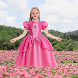 Princess Peach Dress for Girl,Super Brothers Princess Cosplay Costume,Peach Dress set With Crown Necklace Magic Wand Pink Bag Accessories, Halloween Christmas Birthday Party Carnival Cosplay Costume.