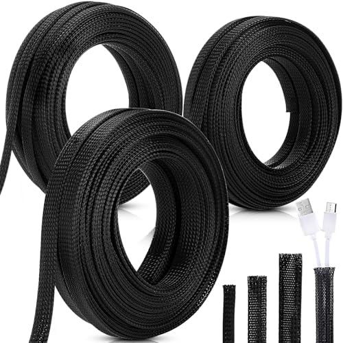 Pangda 150 Feet 1/4, 1/2, 3/8 Inches Wire Loom PET Expandable Braided Sleeving Braided Sleeve for TV, Computer, Home Theater (Black)