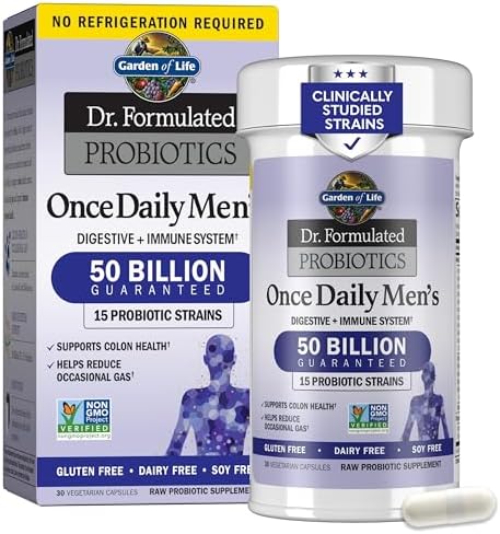 Garden of Life Probiotics for Men Dr Formulated 50 Billion CFU 15 Probiotics for Digestive Health + Organic Prebiotic Fiber for Colon & Immune Support, Daily Gas Relief, Shelf Stable, 30 Capsules