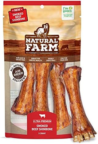 Natural Farm Smoked Beef Shin Bones (3 Pack), 100% Natural Beef Dog Bones, High in Minerals & Vitamins, Mental Stimulation, Grain-Free Long-Lasting Bones for Large and Medium Dogs