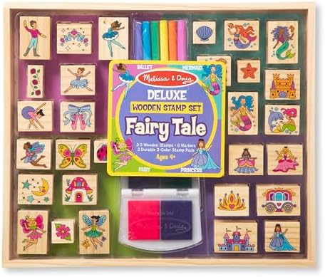 Melissa & Doug Deluxe Wooden Stamp and Coloring Set – Fairy Tale (30 Stamps, 6 Markers, 2 Durable 2-Color Pads) - Fairy Tale-Themed Stamps For Kids Activity Set