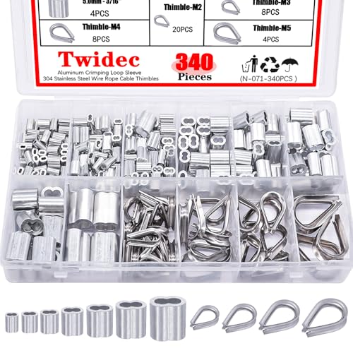 Twidec/340PCS 304 Stainless Steel Wire Rope Cable Thimbles and Aluminum Crimping Loop Sleeve 3/64"-3/16" for Wire Rope Cable Thimbles Rigging Assortment Kit N-071-340PCS