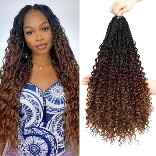 Goddess Box Braids Crochet Hair 8 Packs Pre-looped Boho Box Braiding Hair With Curly Ends Synthetic Braiding Hair Extensions for Women (1B/33/30, 18inch)