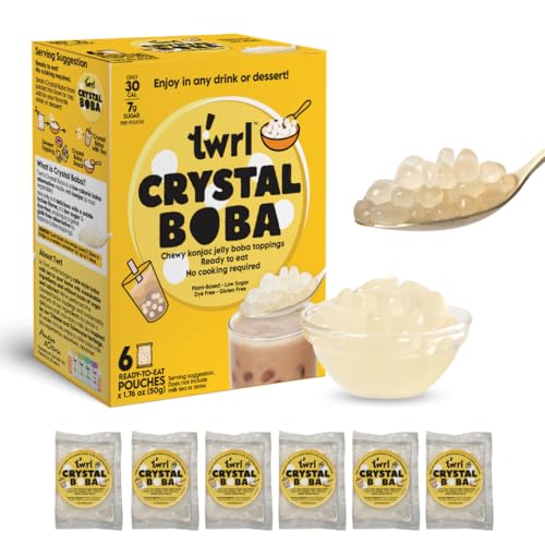 Twrl Crystal Boba - Jelly Boba, Low-Calorie Alternative to Taiwanese Tapioca Pearls, Cafe-Style Tapioca Milk Tea & Coffee Topping, Ready to Eat, Gluten-Free, Plant-Based - Pack of 6 Single Servings