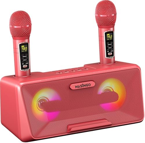 MASINGO Karaoke Machine for Adults and Kids with 2 Wireless Microphones, Portable Bluetooth Singing Speaker, Colorful LED Lights, PA System, Lyrics Display Phone Holder, and TV Cable. Presto G2 Pink