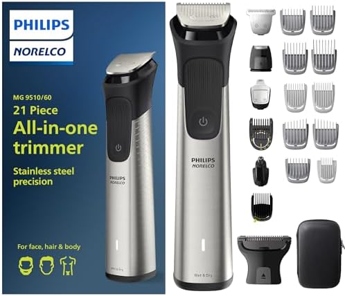 Philips Norelco Multigroom Series 9000 - 21 piece Men's Grooming Kit for beard, body, face, nose, ear hair trimmer w/ premium storage case, MG9510/60