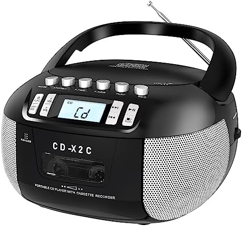 CD and Cassette Player Combo, Boombox CD Player Portable with AM/FM Radio, Tape Recording, Stereo Sound, AC/DC Powered, AUX/Headphone Jack, Sleep Timer for Home, Senior, Child