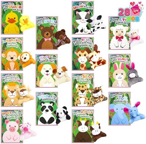 JOYIN 28 Pack Gifts Cards for Kids with Animal Plush Toy Key Chain Stress Relief Fidget Toy for Classroom Exchange Cards and Kids Party Favor