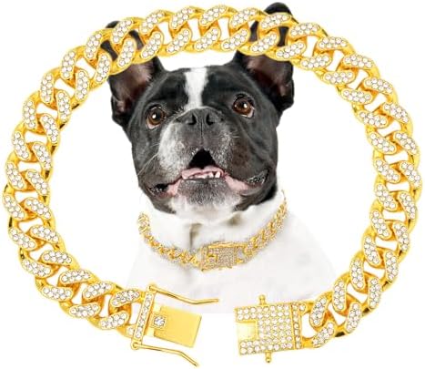 Gold Dog Chain Diamond Gold Chain Dog Collar Walking Metal Chain Collar with Design Secure Buckle Pet Collar Jewelry Accessories Dog Necklace for Small Medium Large Dogs Cats (Gold,20 Inch)