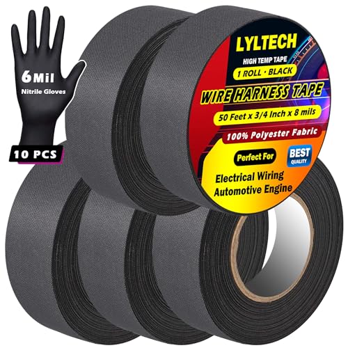 Wire Harness Tape 50 FT x 3/4 in -5 Rolls, Polyester Fabric,Flame Retardant,at 257℉ to -40℉, Wiring Loom Harness Electrical Tape, Includes 6 Mil Black Nitrile Gloves (10 Medium Gloves)