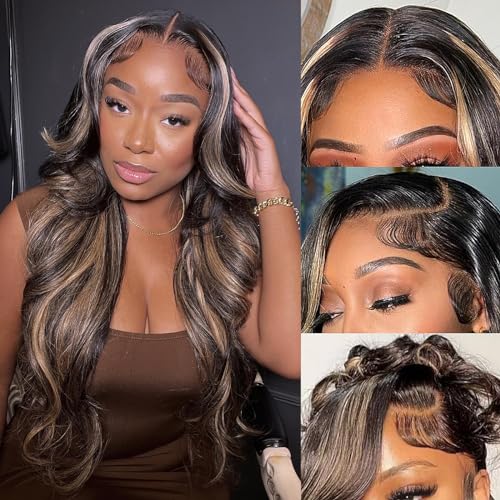 28 Inch 1B/27 13x6 Balayage Highlight Ombre Body Wave Lace Front Wigs Human Hair Honey Blonde Colored Lace Frontal Glueless Wigs Human Hair Pre Plucked for Women with Baby Hair