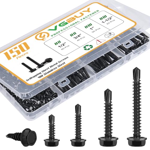 150Pcs Self Drilling Screws Assortment Kit, 410 Stainless Steel Self Tapping Sheet Metal TEK Screws, Black Zinc Plated, #8 1/2" 3/4" #10 1" 1-1/2", Hex Washer Head