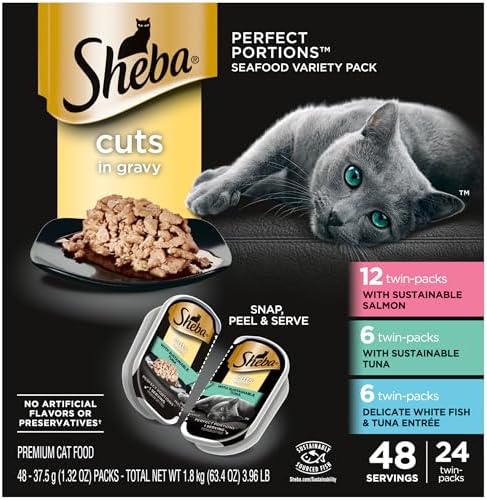 Sheba Perfect Portions Wet Cat Food Cuts in Gravy Variety Pack, Sustainable Salmon, Sustainable Tuna, and Delicate White Fish & Tuna Entree, 2.6 oz., Twin-Pack Trays, (24 Count, 48 Servings)
