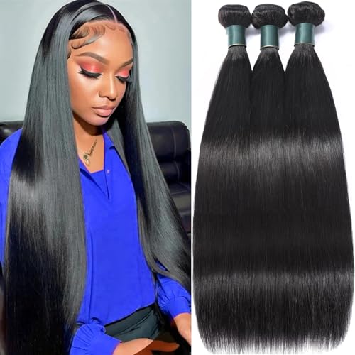 Great Grace Brazilian Straight Bundles Human Hair 24 26 28 Inch 12A 100% Unprocessed Virgin Human Hair Weave 3 Bundles Deals Natural Black Color (Natural Balck 3 Bundles, 24 26 28)