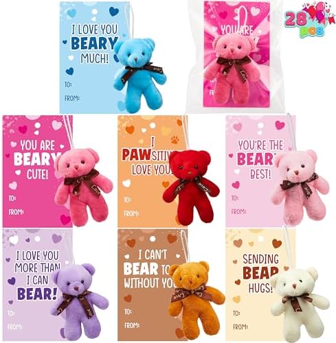 JOYIN 28 Packs Valentine's Day Gift Cards with Mini Bears Plush Toy Party Favors, Mini Stuffed Animal Plush Toys Plush Toy for Valentines Day Gifts, Kids Classroom School Exchange Prize (Brown Bear)