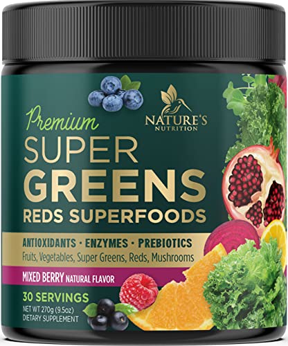 Super Greens Powder Smoothie Mix - Super Green Blend Supports Energy & Gut Health with Spirulina, Wheat Grass, Chlorella, Vegetables, Digestive Enzymes & Antioxidants - Vegan Superfood - 30 Serving
