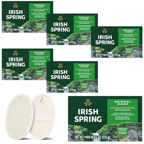 Irish Spring Soap for Men, Original Clean Men Irish Spring Bar Soap for Washing Hands and Body, Mild for Skin, 4 Ounce each, Plus 1 Loofah Sponge Pad (6Pack, original)