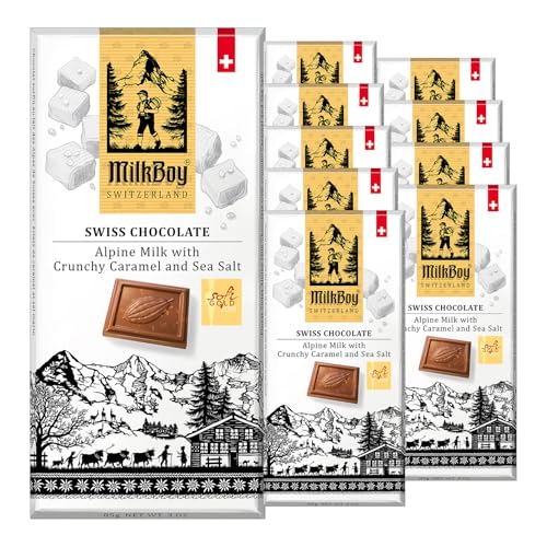 Milkboy Swiss Milk Chocolates - Alpine Milk Chocolate Bars with Crunchy Caramel Sea Salt - Gluten-Free Non-GMO All Natural - Made in Switzerland - 3 oz, Pack 10