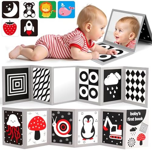 Black and White High Contrast Baby Books Flash Cards Tummy Time Mirror Toys Newborn Toys 0 3 Months Brain Development Infant Stimulating Sensory Toy 0-3 3-6 2 4 5 Months old Baby Boy Girl Shower Gifts