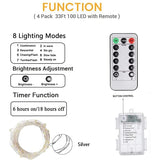 4-Pack 33FT 100 LED Fairy Lights Battery Operated with Remote & Timer, Waterproof Twinkle String Lights Outdoor Indoor 8 Modes for Bedroom Classroom Dorm DIY Christmas Party Garden Tree (Warm White)